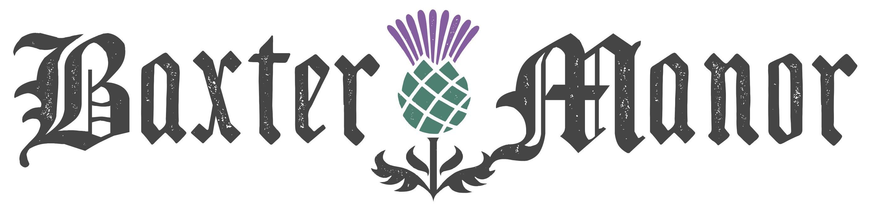 A stylized thistle flower emblem in purple and green with black decorative text elements.