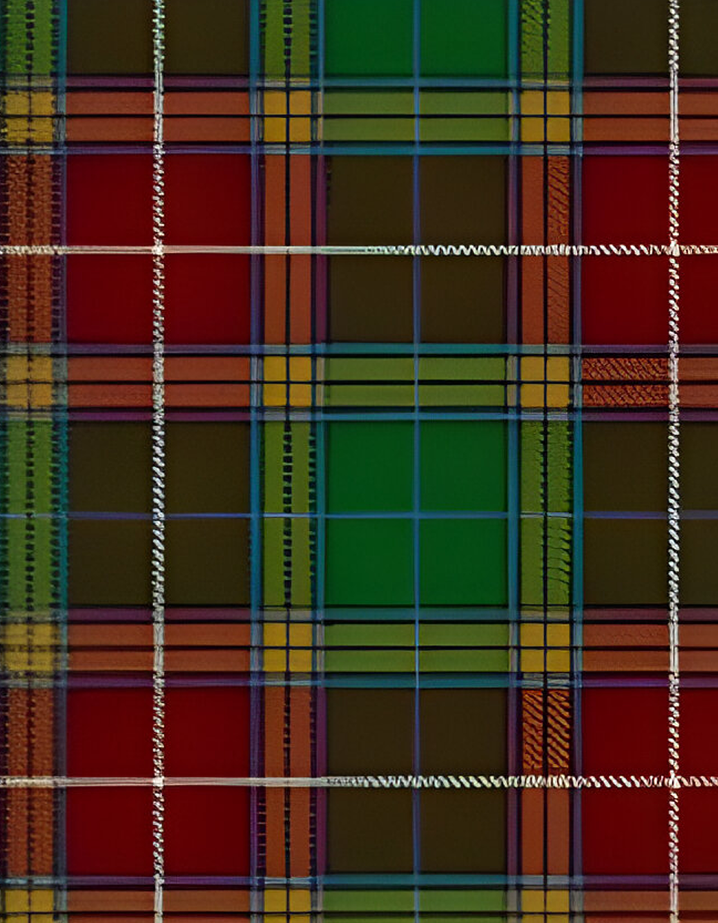 cloth patch A multicolored tartan pattern featuring red, green, yellow, and brown stripes intersecting at right angles evokes the charm of a historic Bed and Breakfast.