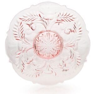 Intricately designed frosted glass bowl with pink floral patterns.