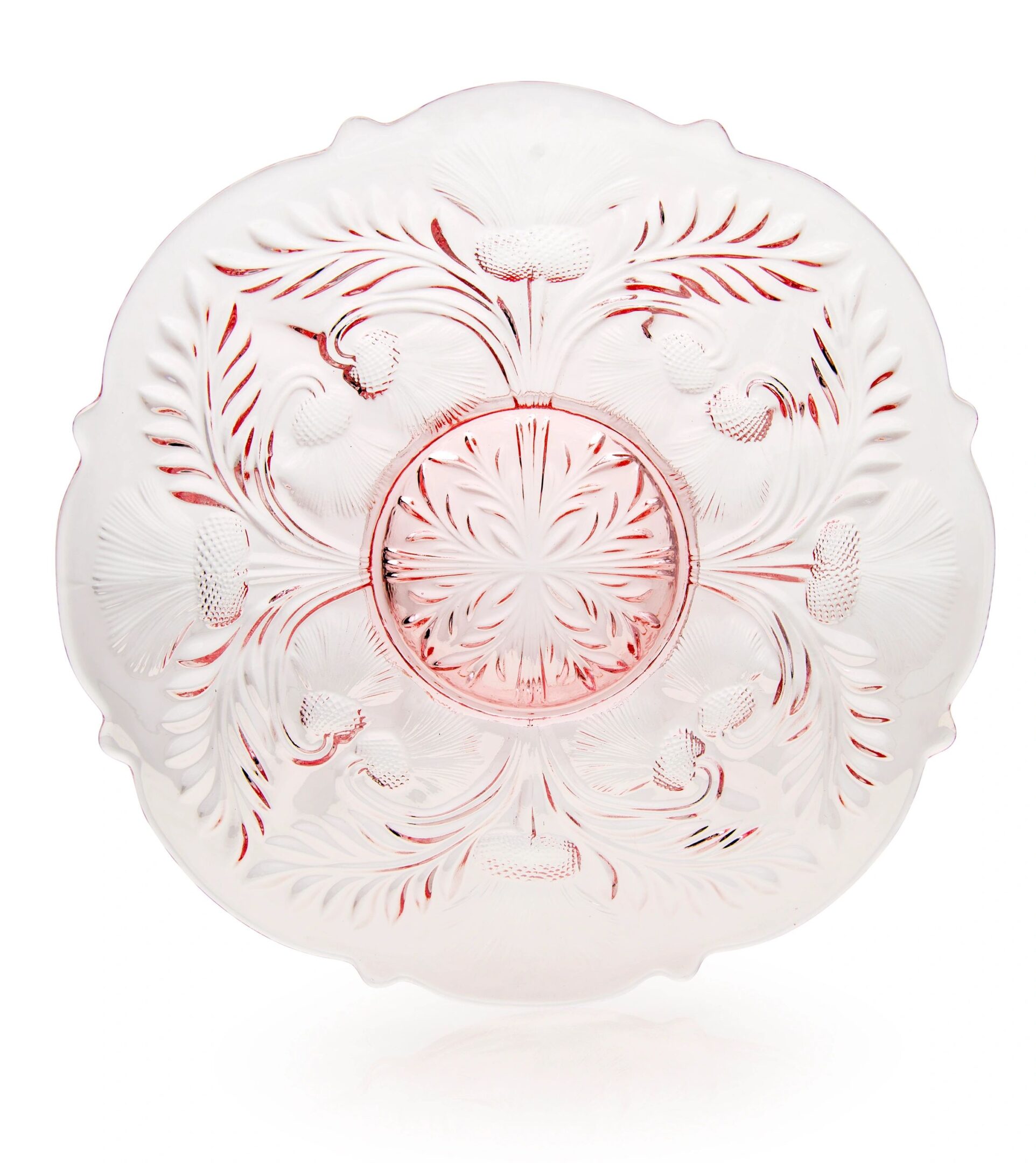 Intricately designed frosted glass bowl with pink floral patterns.