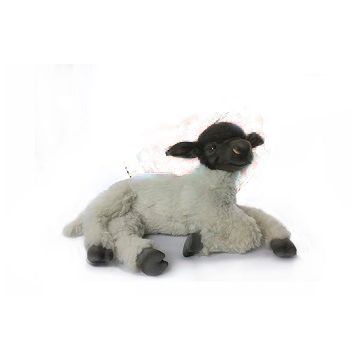 A small plush lamb toy lying down with black face and feet.
