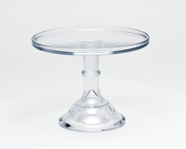 Transparent glass cake stand with pedestal base.