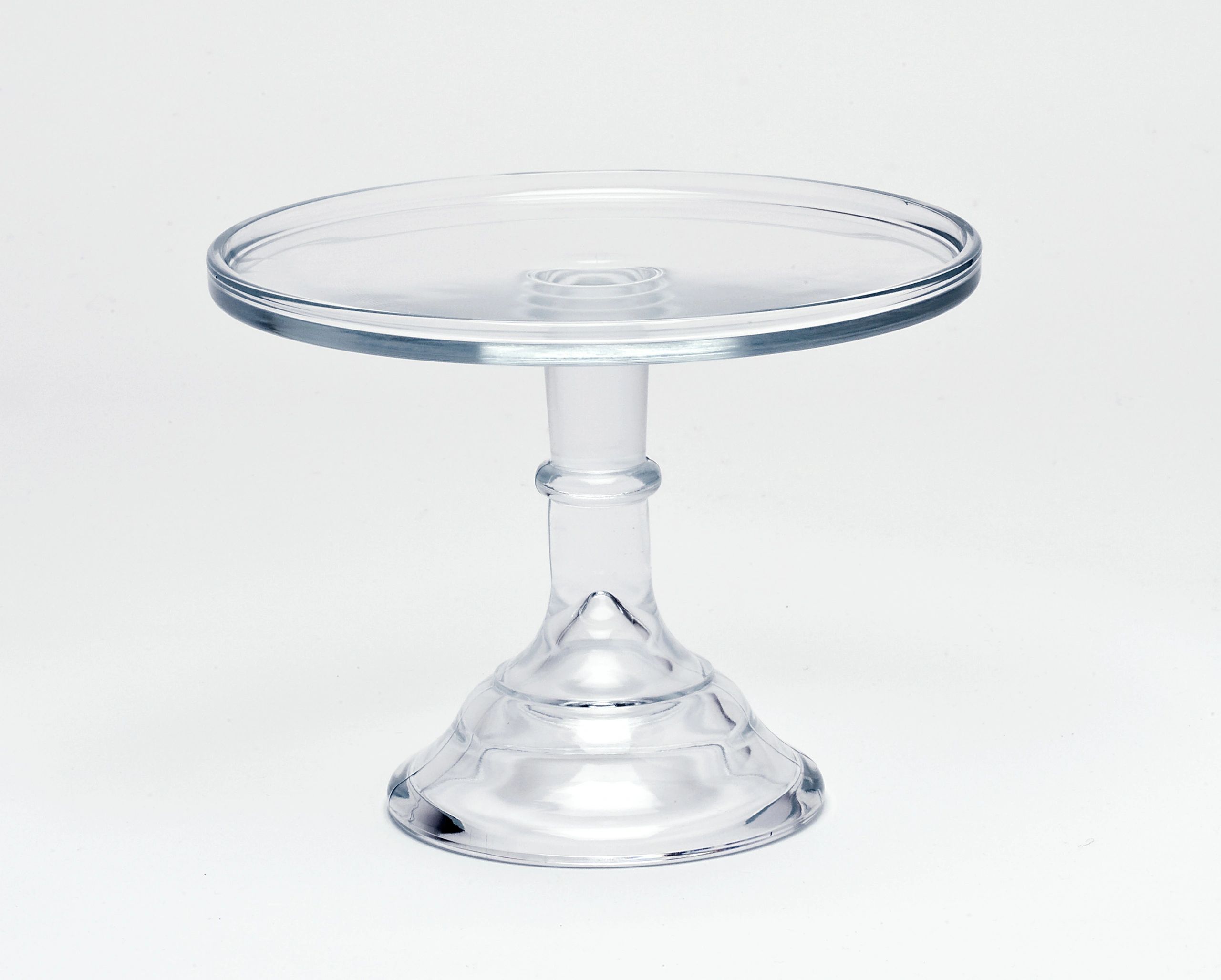 Transparent glass cake stand with pedestal base.