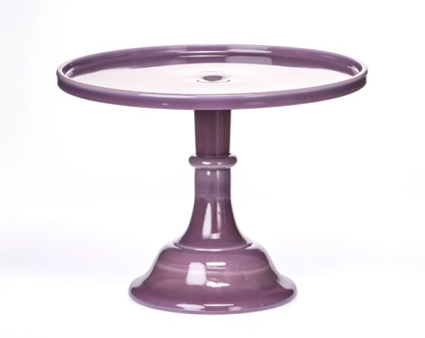 Purple ceramic cake stand with a round top and pedestal base.