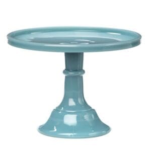 A blue ceramic cake stand with a pedestal base.