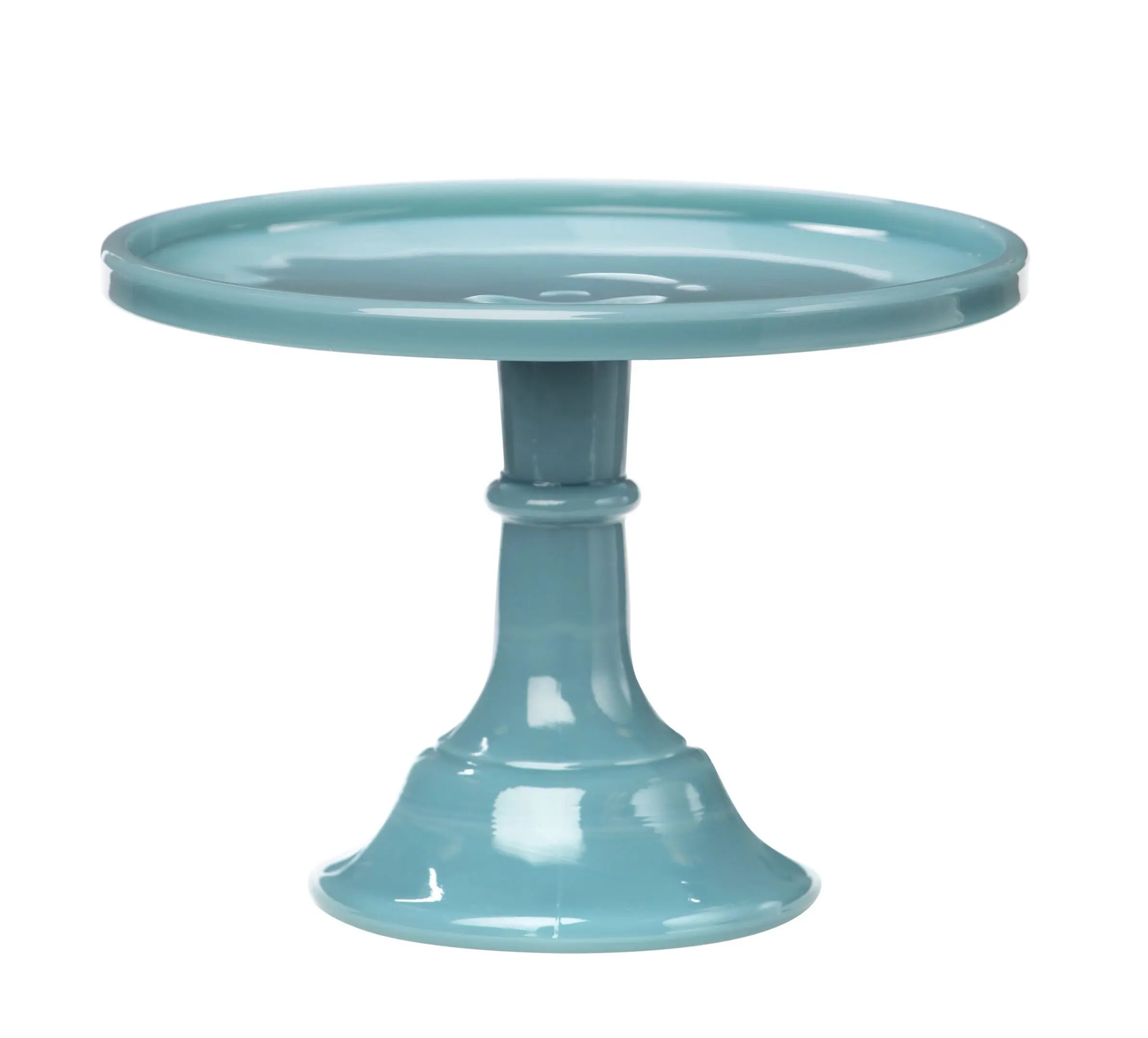 A blue ceramic cake stand with a pedestal base.