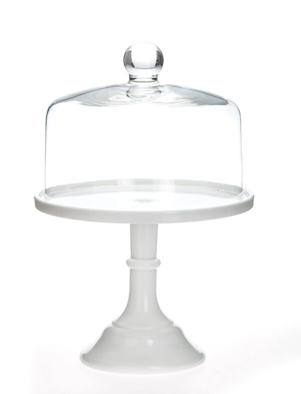 Elegant white cake stand with a clear glass dome cover.