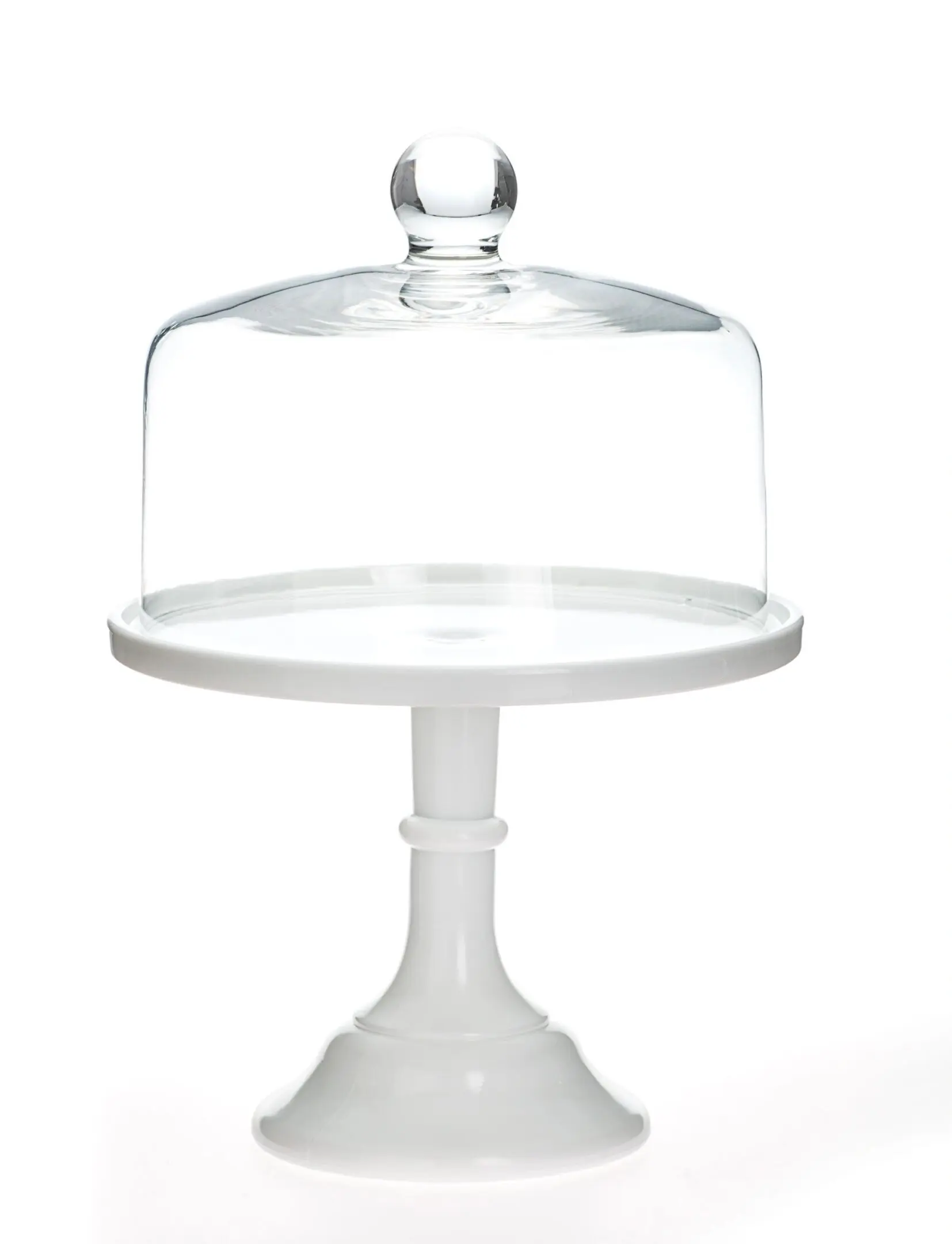 Elegant white cake stand with a clear glass dome cover.