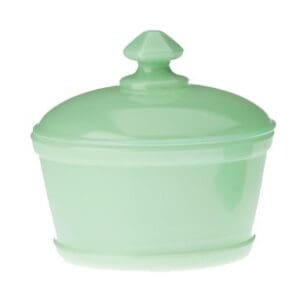 Green ceramic sugar bowl with lid and decorative knob.