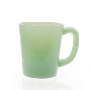 A green frosted glass coffee mug with a handle.