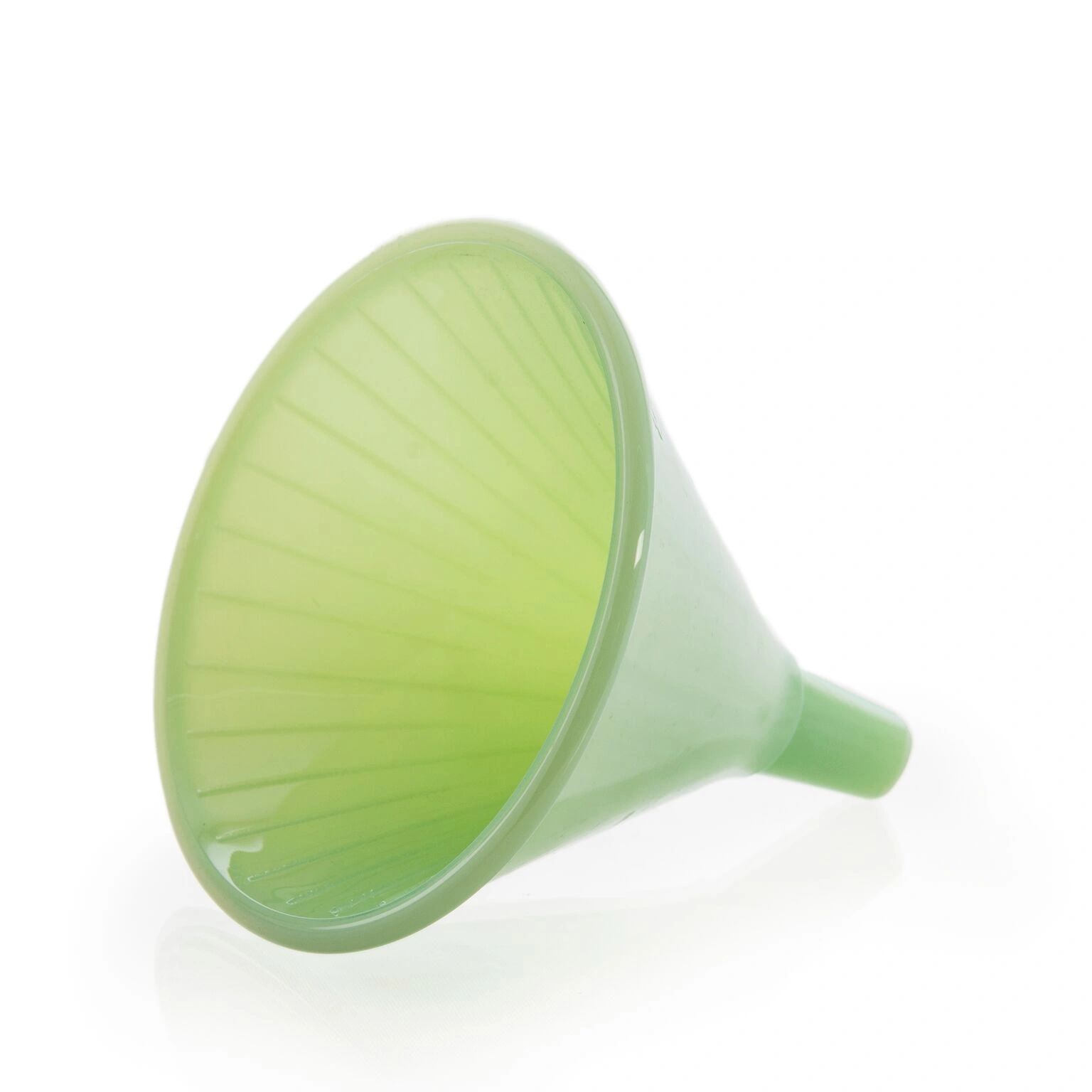 A translucent green funnel for pouring liquids or powders.