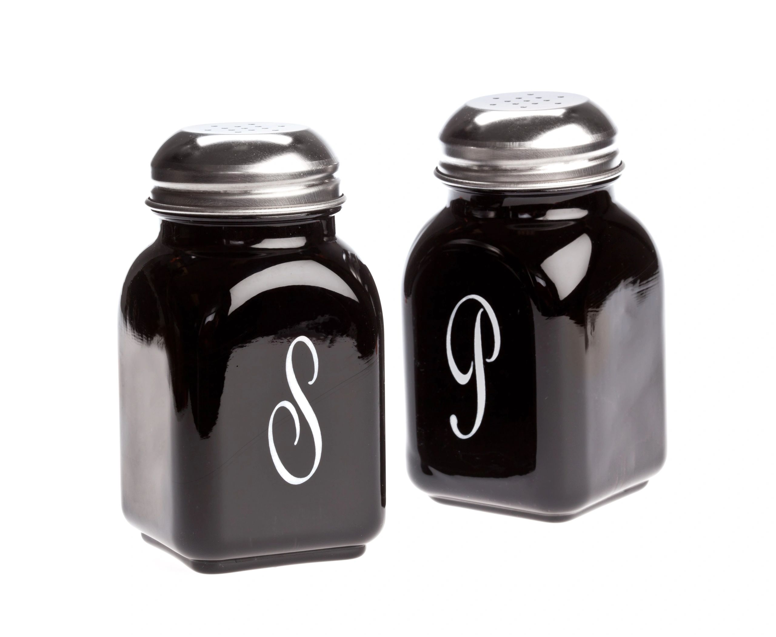 Black salt and pepper shakers with white letter initials S and P.