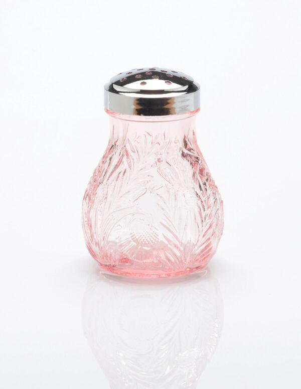A pink glass sugar shaker with a metal lid.
