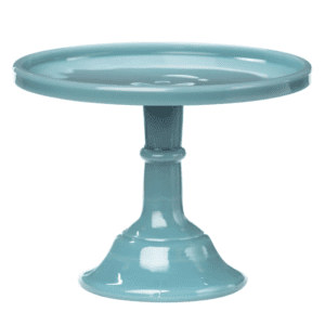 Blue ceramic pedestal cake stand with a glossy finish.