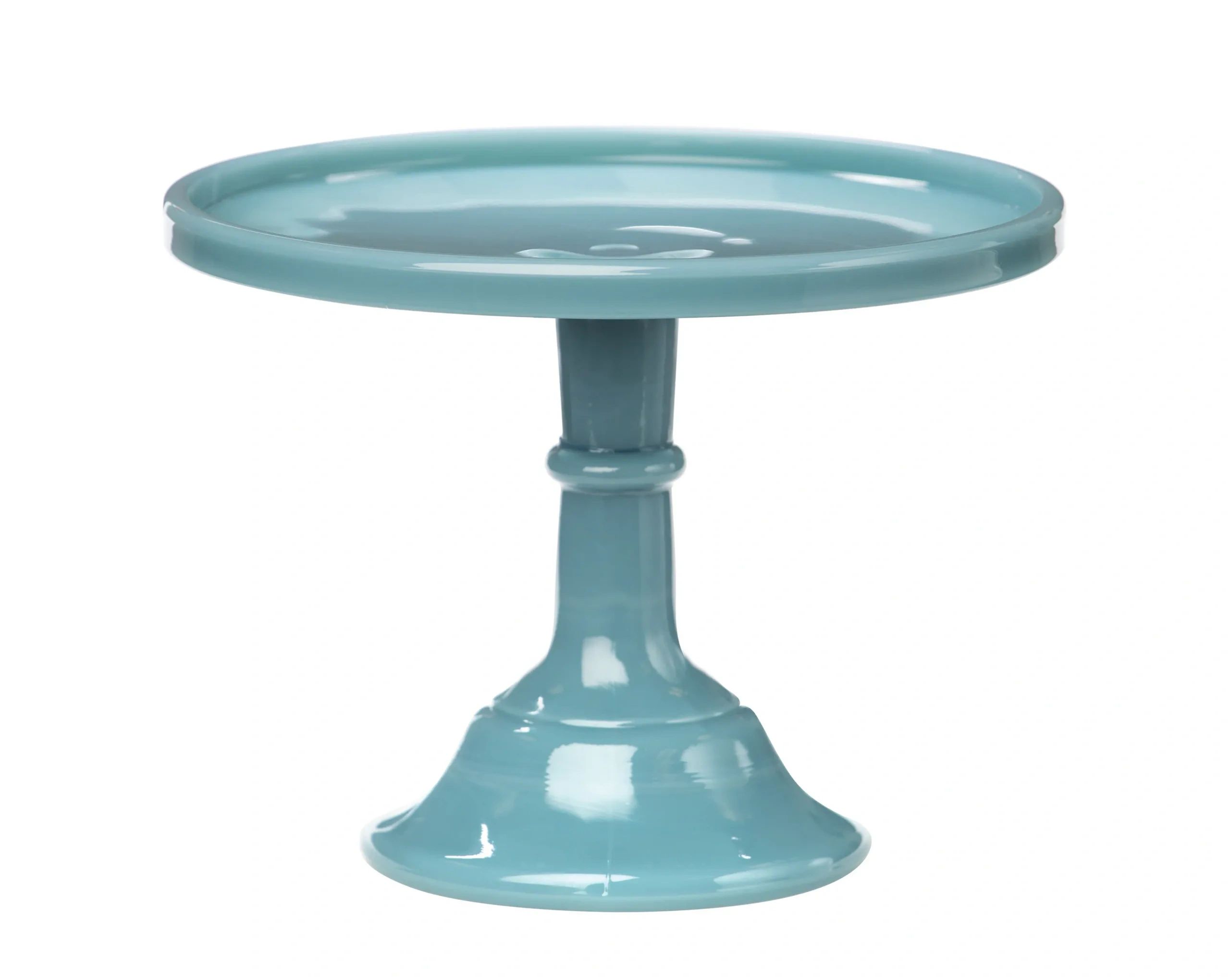Blue ceramic pedestal cake stand with a glossy finish.