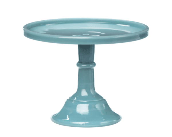 Blue ceramic cake stand with a glossy finish.