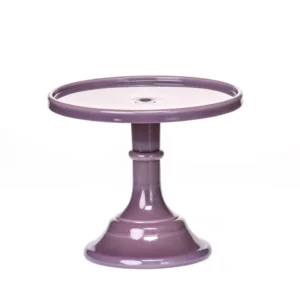 Purple ceramic cake stand with a pedestal base.